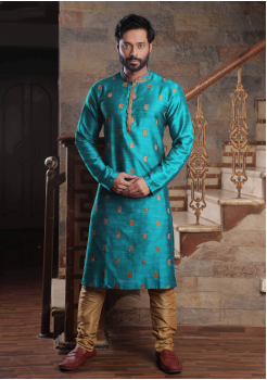 Turquoise Blue Color Silk Kurta Set